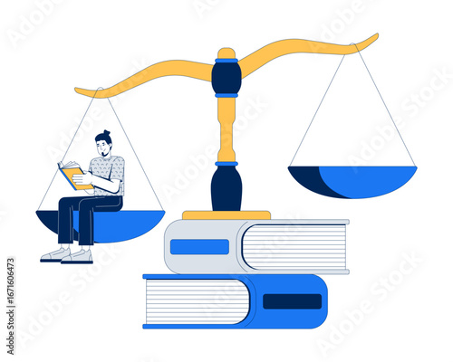 Legal education 2D illustration concept. Studying justice. Law books learning. University student lawyer reading on balance scale cartoon character isolated on white. Flat abstract vector metaphor