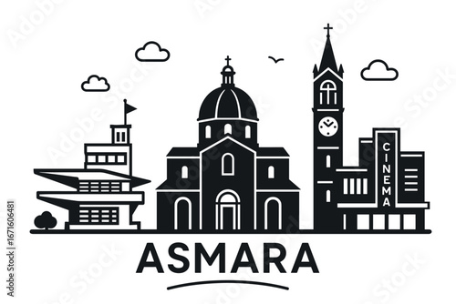 City skyline with iconic buildings and landmarks in Asmara