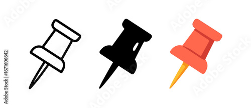 Various styles of push pin icons: outline, silhouette, and colorful design
