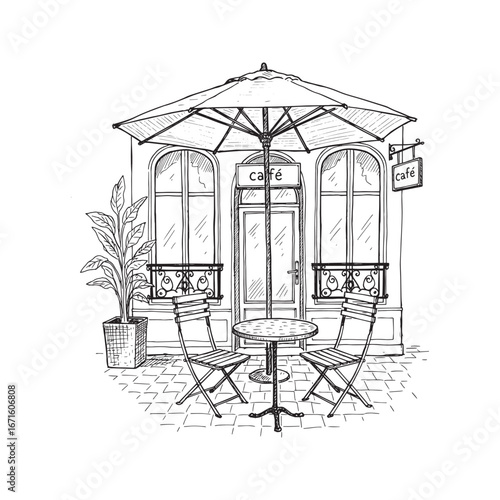 Hand-drawn sketch of a romantic European street cafe with an outdoor table, chairs, and umbrella.
