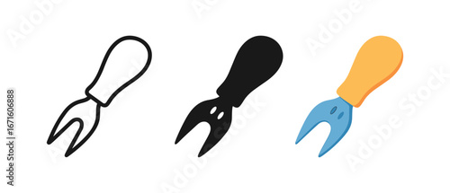 Forked hand tool icons in doodle, silhouette, and colorful flat styles on white