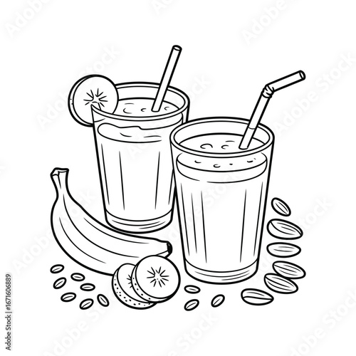 Hand drawn illustration of two delicious banana smoothies with straws and fresh fruit garnish