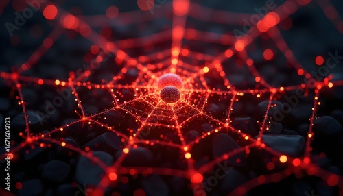 Dark Spider Web Shining with Fiery Red Magical Spark Glow