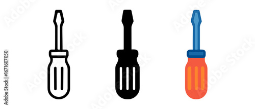 Three styles of screwdriver: outline, silhouette, and colorful