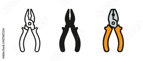 Pliers tools set in outline, silhouette, and flat styles