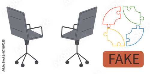 Two office chairs with simple design, colorful puzzle pieces in partial configuration, and bold Fake label. Ideal for teamwork, fraud, analysis, investigation, decision authenticity caution. Simple