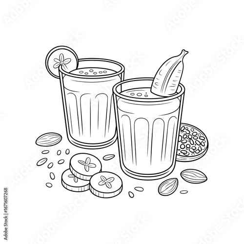 Refreshing hand drawn illustration of two glasses filled with tropical fruit smoothies and garnishes