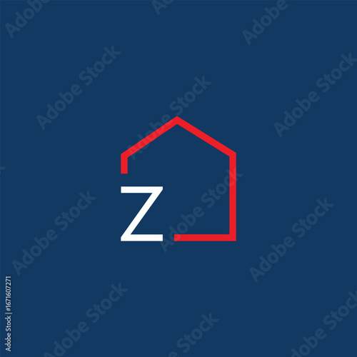 Minimalist vector logo combining the letter Z with the outline of a house in red. Perfect for branding real estate, architecture, construction, property management, or home design businesses. Clean an