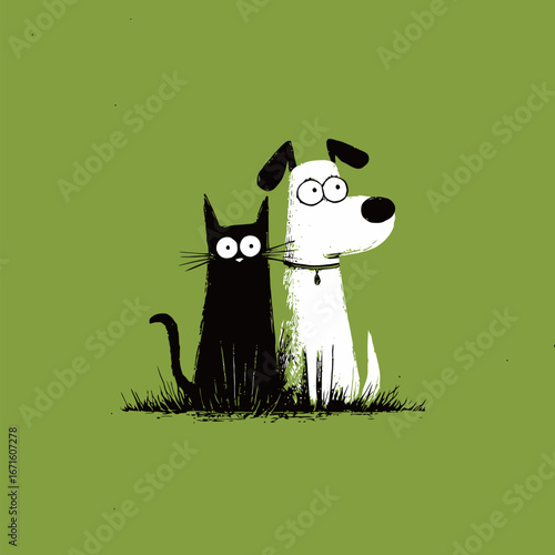 A black cat and a white dog are positioned closely together in green grass, both with wide eyes, showcasing a playful yet tranquil companionship against a vibrant background.