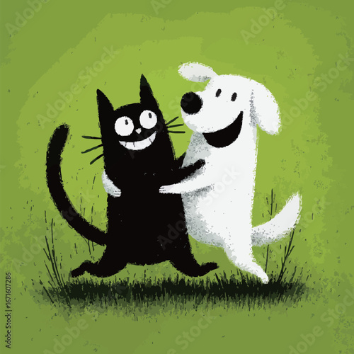 A black cat and a white dog are happily hugging each other in a vibrant green meadow, showcasing their friendship and playful nature. The scene radiates joy and warmth.
