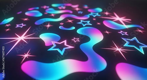 Neon Gradient Abstract Background with Iridescent Fluid Shapes, Glowing Stars, and Sparkle Effects