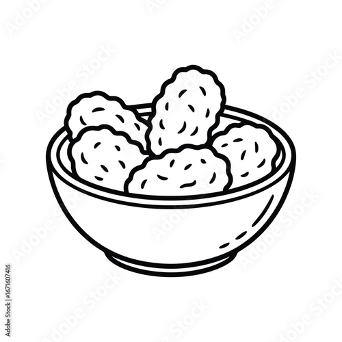 Simple black and white line drawing of a bowl filled with crispy chicken nuggets