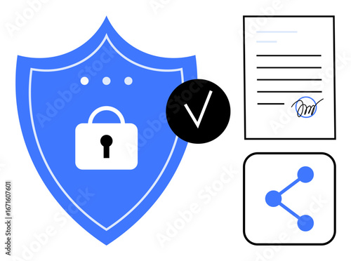 Blue shield featuring lock icon, checkmark, signed contract, and share symbol. Ideal for security, data privacy, authentication, compliance, collaboration trust simple landing page