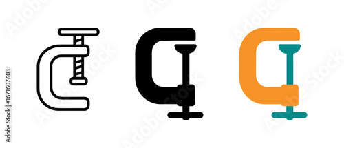 C clamp icons: outline, solid, and colorful variations for design projects