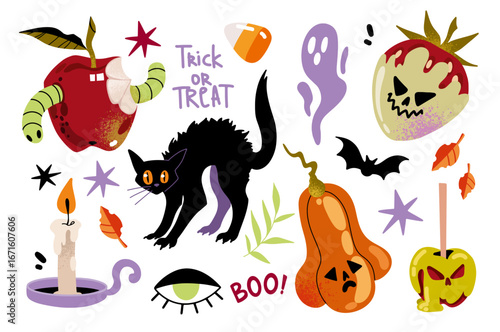 Halloween cartoon flat style vector illustration set. Spooky and cute black cat, scary pumpkin squash, ghost, candle, bat, candy corn, poisoned strawberry, rotten apple with worms. Fun spooky season 