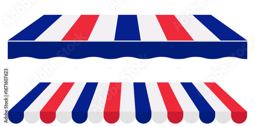 French Color Awning Tent Vector. Red White Blue Striped Canopy Roof for Outdoor Kiosk Cafe Market or Fair Booth. Flat Sunshade Icon for Summertime Use.