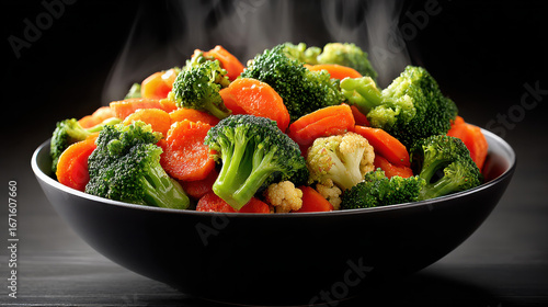 Steaming broccoli carrot and cauliflower vegetable medley in black bowl, fresh and vibrant