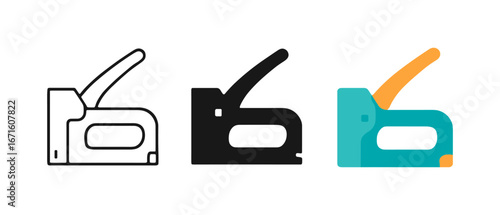 Artistic variations of staple guns in linear, silhouette, and flat icon styles