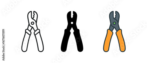 Variety of pliers: outline, silhouette, and colorful versions for tool design