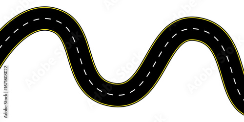 Top view of a winding two lane highway with dashed center lines curved roadway aerial vector view ideal for map background route illustration highway icon transport journey and empty lane graphics
