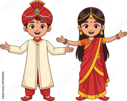 Cartoon Indian Kids in Traditional Dress, Boy in Sherwani and Girl in Saree, Indian Culture, Festival Celebration, Vector Illustration