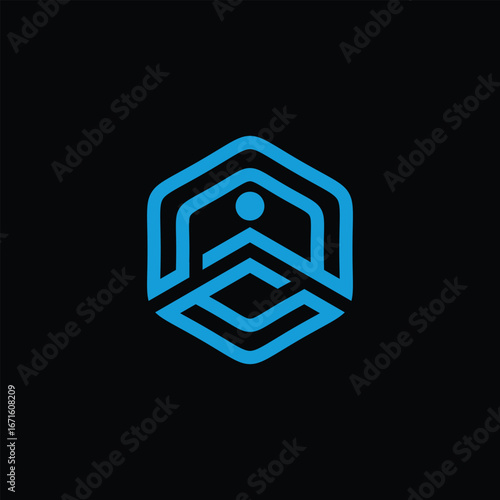 Abstract vector logo with geometric hexagon shape and modern line design in blue. Represents innovation, corporate identity, technology, teamwork, or professional services. Suitable for branding compa