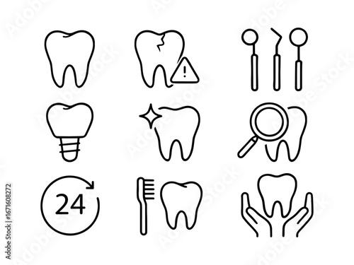 Dental care icons with tooth implant and tools dentistry