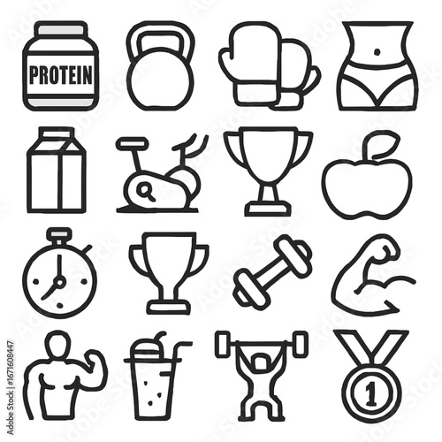 Minimalist Outline Style Fitness and Gym Related Items Icon Set Illustration