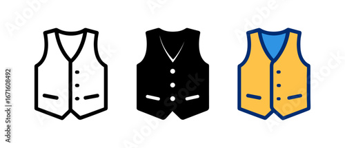 Modern waistcoat designs in minimalist, silhouette, and colorful styles on white background