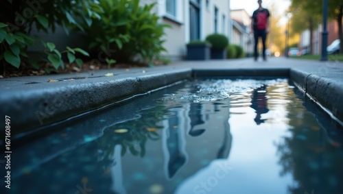 A shallow water feature reflecting a quiet urban street scene, showcasing a calm, dark water surface with blurred buildings and a walking figure.