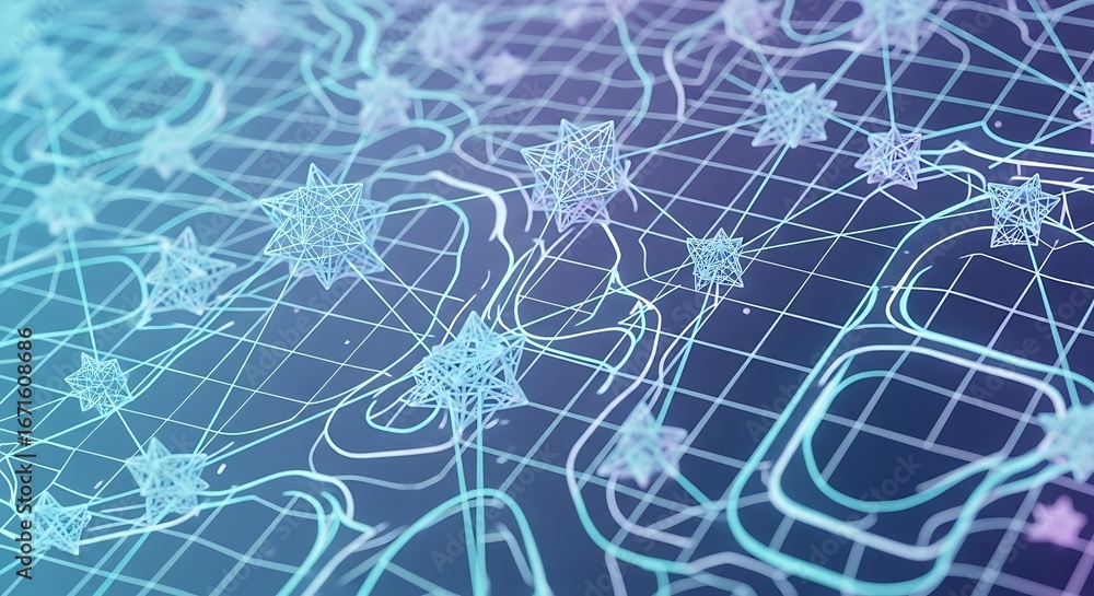 Fototapeta premium Futuristic Abstract Digital Network with Geometric Wireframe Stars and Interconnecting Glowing Lines