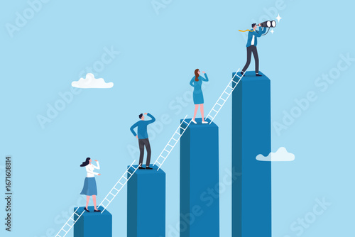 Career growth opportunity, leadership vision or employee development, hierarchy or motivation to growing and success, work journey, businessman employee climb up ladder of success for career growth.