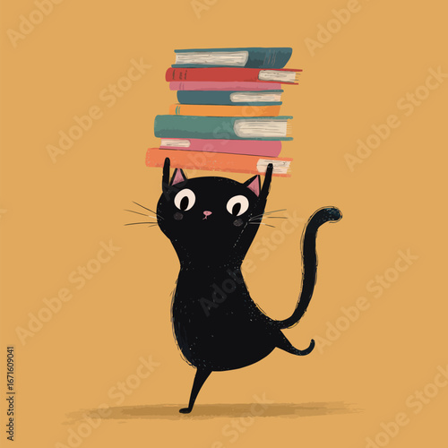 A playful black cat confidently carries a stack of colorful books, showcasing its balance and curiosity against a bright yellow backdrop. The scene is whimsical and charming.