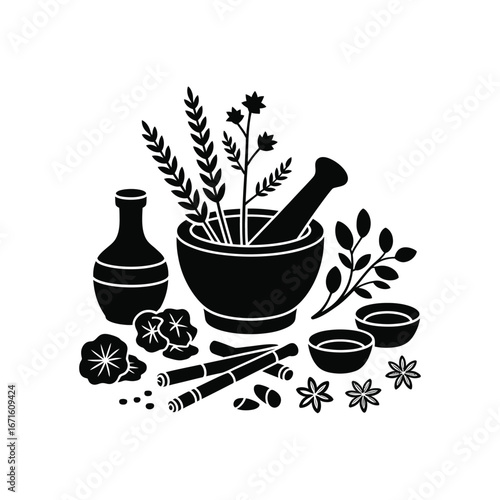 Herbal medicine preparation with mortar pestle vase and various botanicals for natural remedies