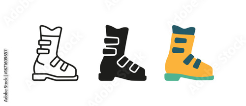 Ski boot designs: outline, solid, and colorful variations