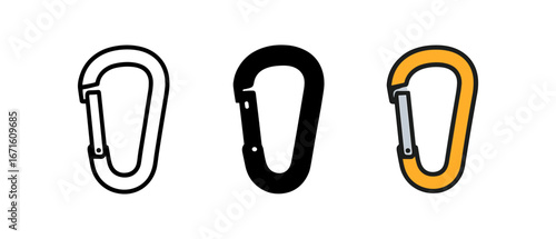 Carabiner icons set: minimalist black, white, and orange designs