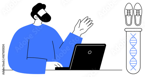 Man using a laptop gestures to explain a DNA helix in a test tube beside shoes. Ideal for science, genetics, innovation, research, technology, education, creative thinking. Simple flat metaphor
