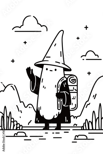 A playful character resembling a wizard stands in a grass-dotted landscape. Clad in a flowing robe and pointed hat, they hold a walking stick, exuding a sense of adventure and charm.