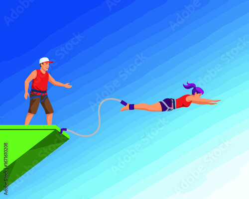 Fearless Female Bungee Jumper in Safety Harness Leaping from Platform into Clear Blue Sky with Professional Guide