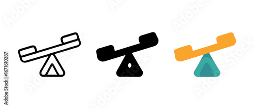 Three seesaw designs: outline, solid, and colored geometric style
