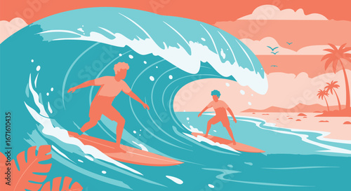 Surfing the Waves A Vibrant Illustration of Surfers Enjoying the Ocean's Power