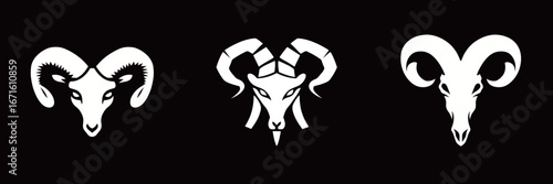 Three unique ram head designs showcase different styles and detailing. Each ram features horns and expressions that highlight their individuality against a stark black backdrop.