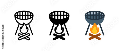 Set of campfire grills in outline, glyph, and color styles