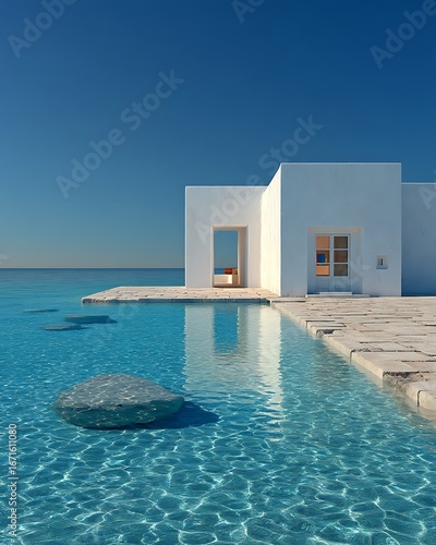 Gorgeous waterfront house with soft golden light high resolution image