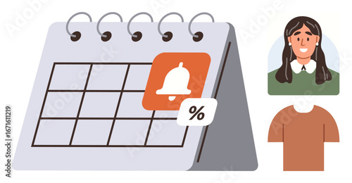 Calendar with notification bell and discount icon, below user portrait and clothing option. Ideal for planning, scheduling, promotion, reminders, retail, customer engagement, personal organization