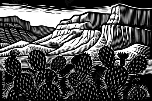 Cluster of prickly pear cactus beside sandstone cliffs, desert beauty with sharp textures and vibrant forms, artistic black and white sketch