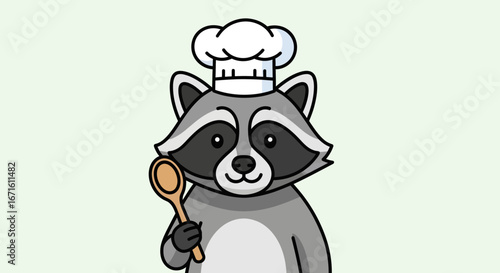 Cute raccoon chef holding wooden spoon