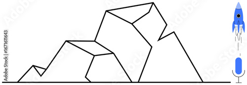 Rocket lifting off against abstract geometric mountains symbolizing obstacles and progress. Ideal for innovation, growth, success, ambition, exploration, overcoming limits, futuristic concepts