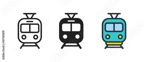 Modern tram icons set: outline, filled, and colorful styles