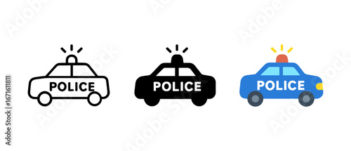 Minimalist police car design: outline, solid, and colorful versions